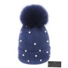 Klasified - Winter Wool Knitted Beanie Hat with Pearls & Detachable Fur Pom Pom for Women - Blue