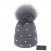 Wool Knitted Beanie Hat with Pearls & Detachable Fur Pom Pom