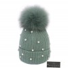 Wool Knitted Beanie Hat with Pearls & Detachable Fur Pom Pom