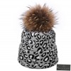 Leopard Wool Knitted Beanie Hat with Detachable Fur Pom Pom