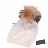 Rhinestone Wool Knitted Beanie Hat with Fur Pom Pom