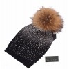 Rhinestone Wool Knitted Beanie Hat with Fur Pom Pom